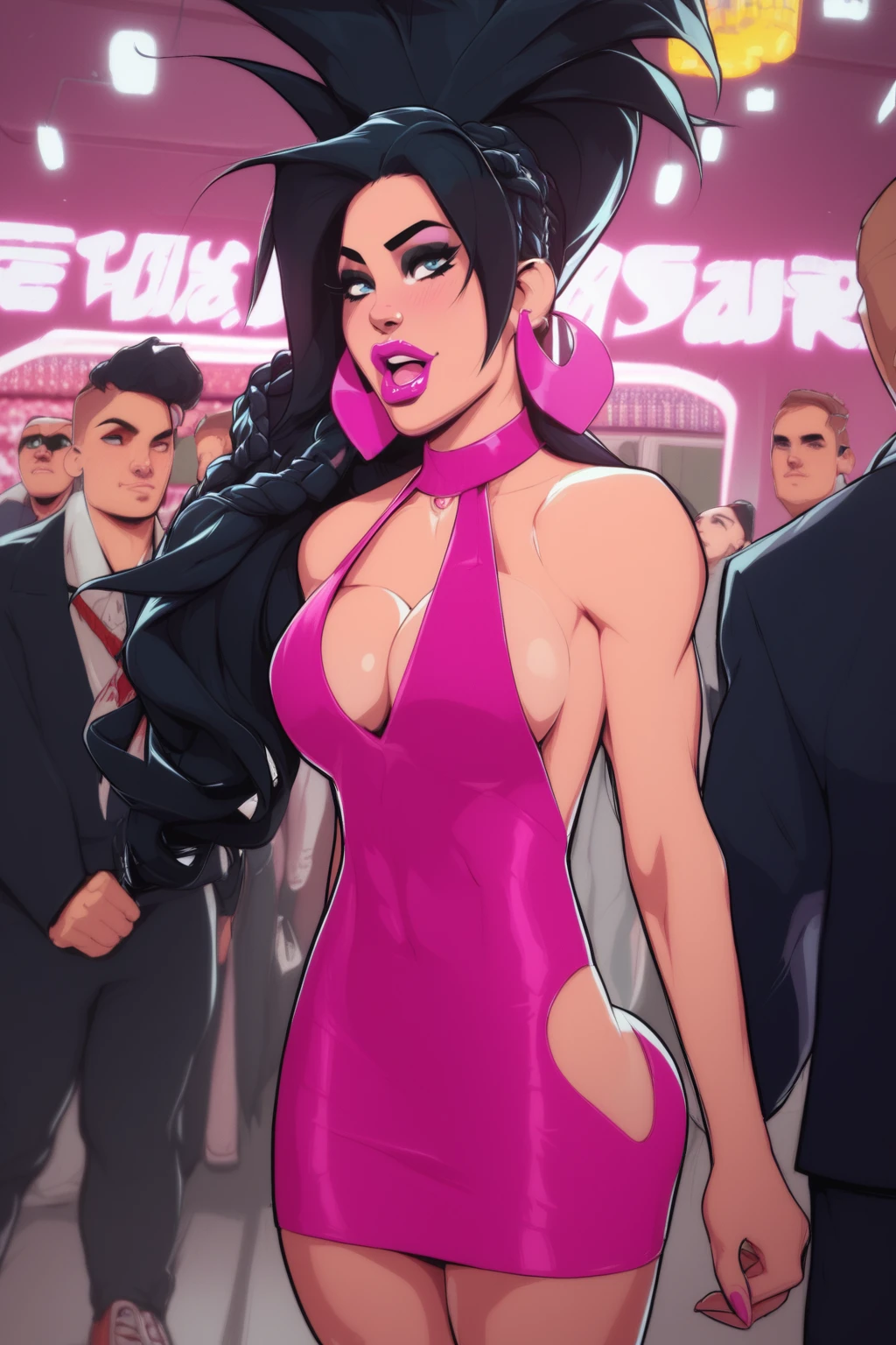 score_9, score_8_up, score_7_up, masterpiece, high quality
<lora:Pure OnyxPony:0.7> 1girl, black long hair, black hair pulled back, iroquois, braids, sidecut, earrings, evening dress with cutout, side cutout, walking in a sex boutique,in a sexstore,  sextoys on display, excited look, crowd of men
 <lora:CherryMouseStreetStylePonyLyco:1.1> 1girl, lipstick, uncensored, makeup,  nose, lips, solo