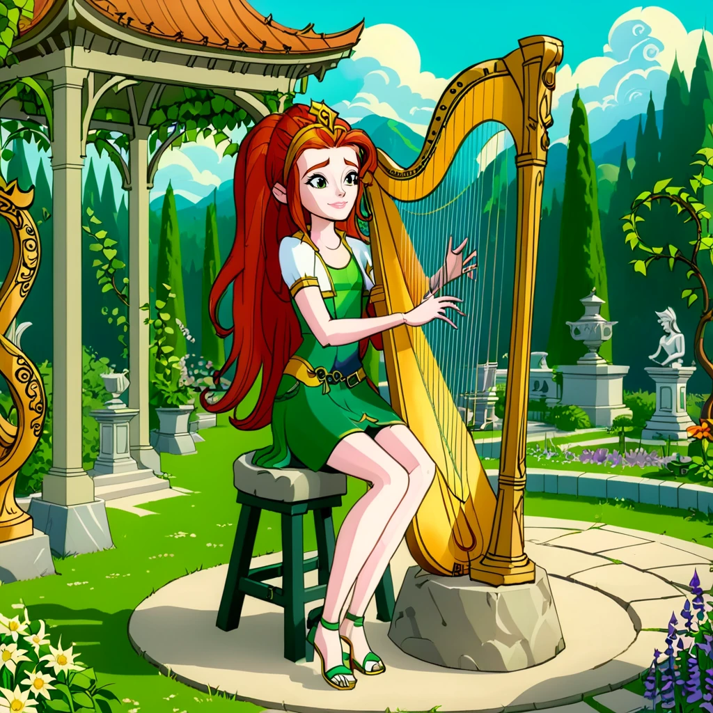 (best quality, masterpiece, absurdres, highres, ultra_detailed, dynamic angle:1.2), arkayna \(mysticons\) casual outfit <lora:mysticons_arkayna_casual_xl:1>, 1girl, long red hair, sit on a stool, playing instrument, harp, gazebo covered with vines and flowers, garden, trees, stone statues, relaxing atmosphere, solo, alone, cartoon, cartoon style, (intricate details, hyperdetailed:1.15), (ultrahigh resolution textures), bokeh, (volumetric, cinematic) lighting <lora:harpXL:0.8>