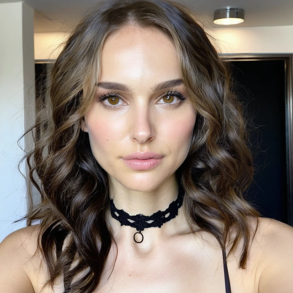 Soft natural diffuse lighting, Instagram selfie of a woman with beautiful wavy hair wearing a lacey dior choker around her neck,f/1.8,   natxportman,  <lora:natportman_gpt4_juggernautX_2_wocap-merger_21_65_83_04_02_04-natxportman:1.1>