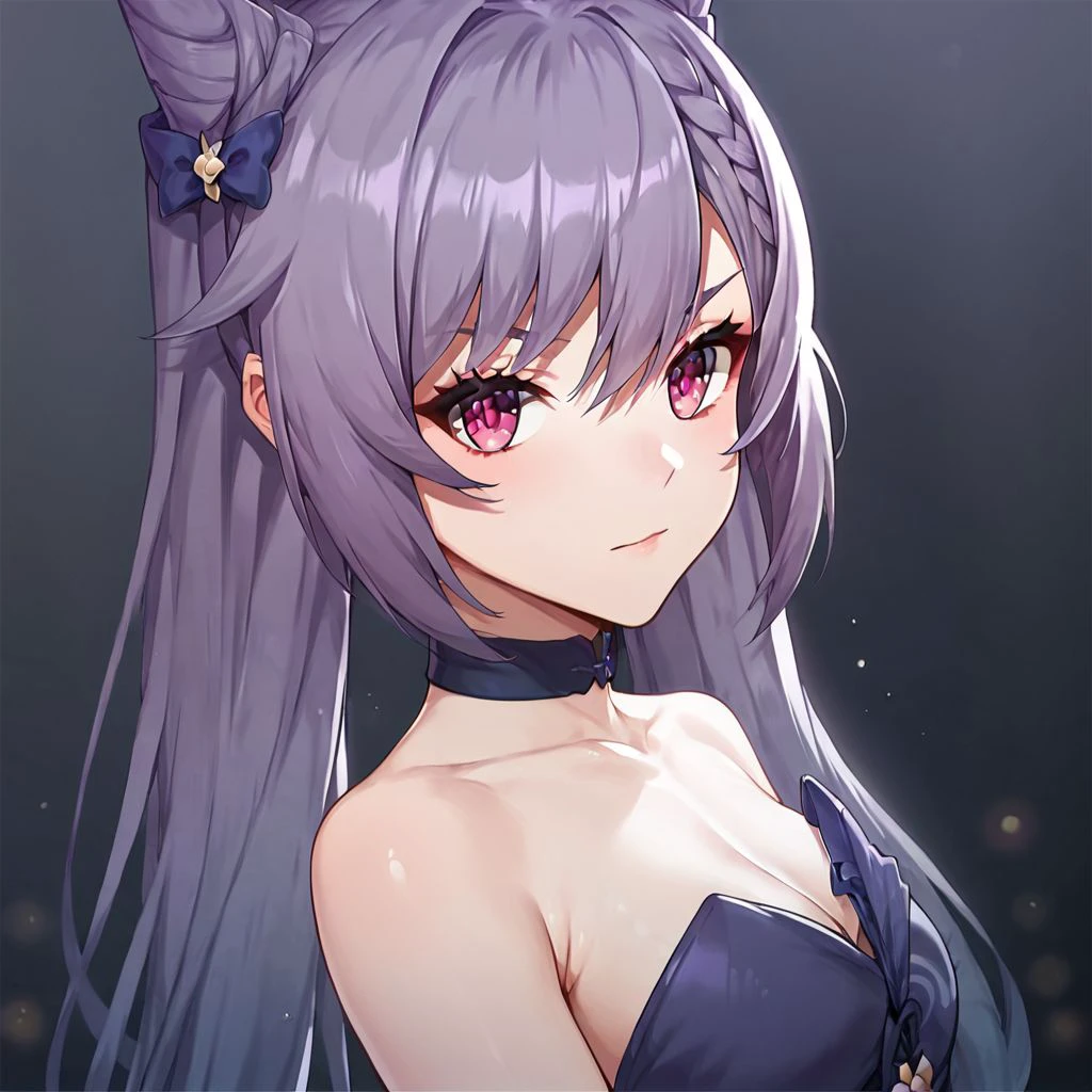 score_9, score_8_up, score_7_up, score_6_up, score_5_up, score_4_up, 1girl, solo, purple hair, looking at viewer, long hair, hair bun, purple eyes, bangs, twintails, hair between eyes,  keqing