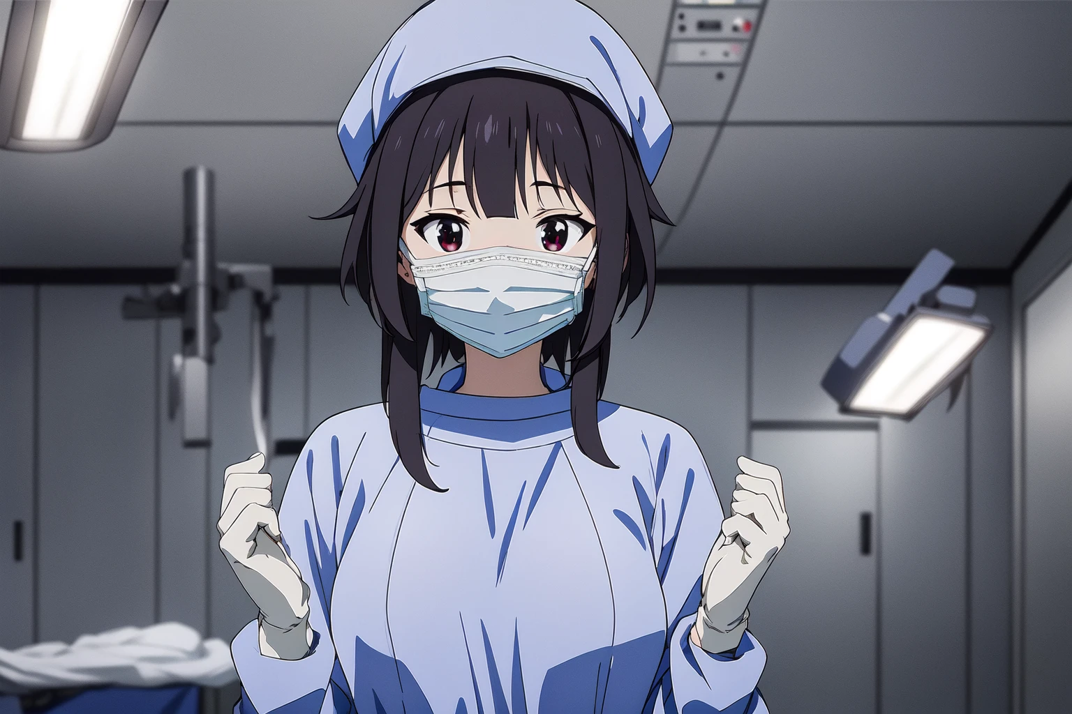 (RAW photo, best quality), 1girl, long sleeve surgical outfit, surgical mask,  surgical gloves, surgical cap,  operating room, overhead surgical light, (solo), blurred background, focused
 <lora:concept_clothing_surgical_outfits_hand_over_chest_v3_1-000002:1>, hand_over_chest,
 <lora:konosuba_megumin_v1_2:1> konosubamegumin