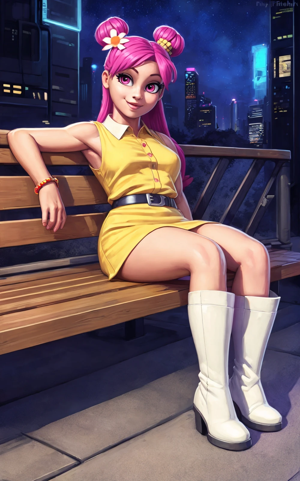 8k,4k,((Best quality, masterpiece, ultra high resolution)),((full body)), by pixelsketcher, <lora:AmiOnuki:0.65>,AmiOnuki,pink hair, (long hair), bracelet, hair ornament, hair flower, dress, knee boots, white boots,human, yellow dress,collared ,belt,miniskirt,hair buns,sleeveless,hair bun, ((double bun)),solo,breast,[smile],pink eyes,,sitting, park , cyberpunk,leaning back,bench,night