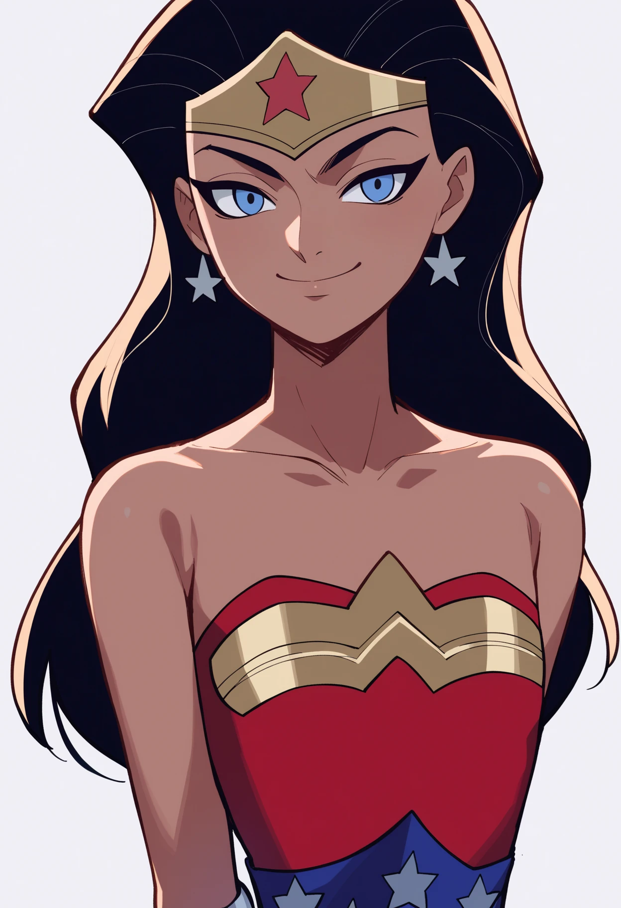 score_9, score_8_up, score_7_up, score_6_up, score_5_up, score_4_up, BREAK, source_anime,
1girl, wonderwoman, black hair, long hair, blue eyes, dark skin, tiara, bare shoulders, earrings, flat chest,
hands behind back, smile, upper body, looking at viewer, solo, simple background, white background <lora:WonderWomanKidsXL:1> <lora:autismlorabf16:-0.5>