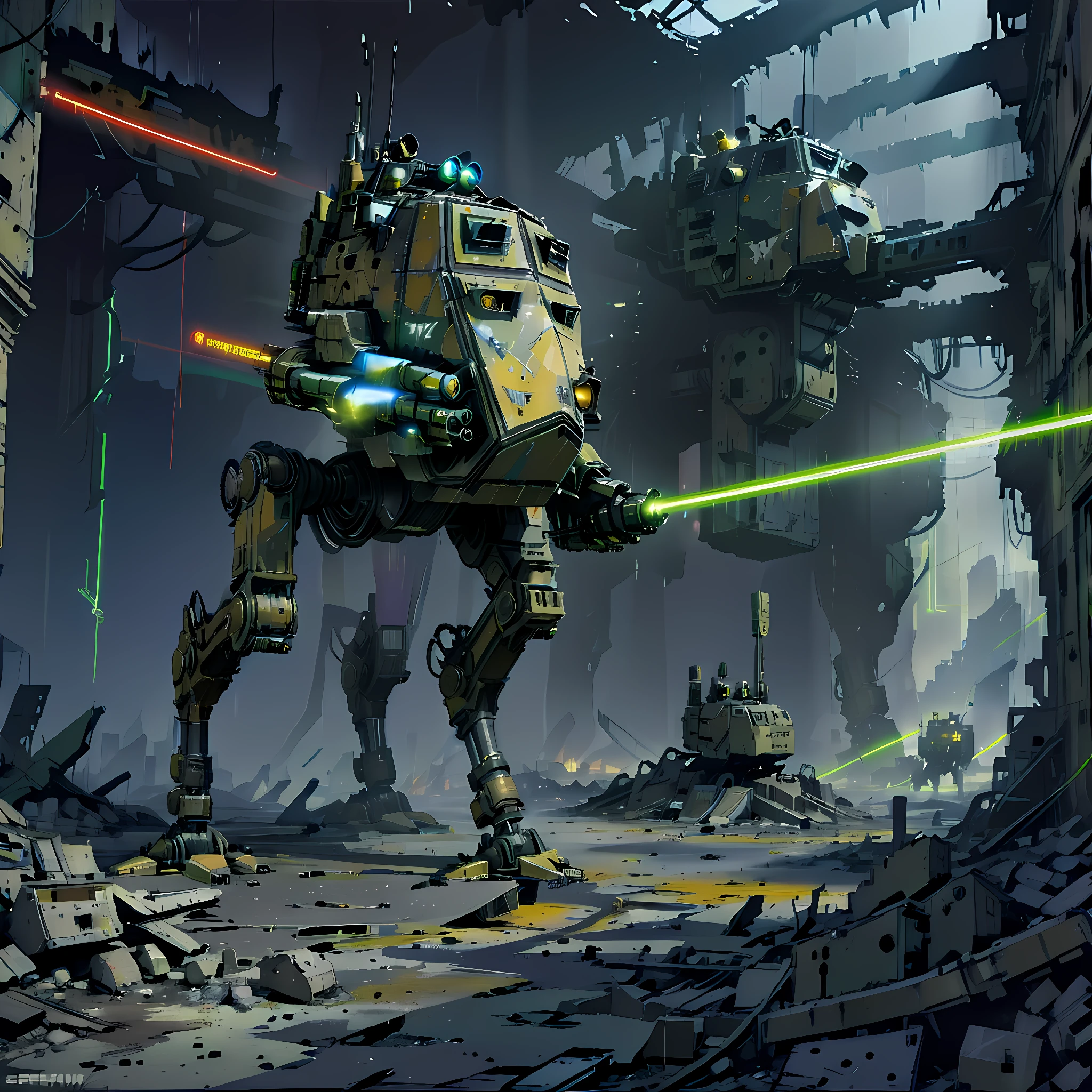 a yellow walker in a ruined city with a laser, sentnlsw, mecha, military, military vehicle, alone, laser beams, no humans,