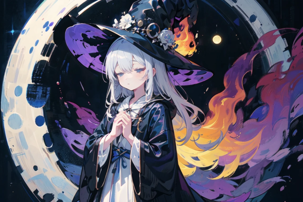 solo, 1girl, silver long hair, witch hat, hat over eyes, own hands together, witch robe dress, (white fire:1.1), black sky background, moon, fiery wings