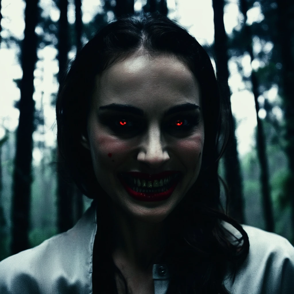 Found footage of a sinister pale vampire woman with subtle glowing red eyes, slight ominous smile, a spooky forrest in the background, grainy picure, dim lighting, natxportman, <lora:natportman_gpt4_juggernautX_2_wocap-merger_21_65_83_04_02_04-natxportman:1.1>
