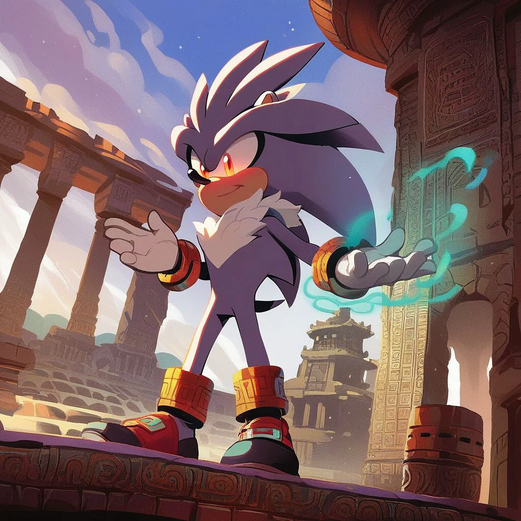 score_9, score_8_up, score_7_up, score_6_up, score_5_up, score_4_up, 1boy, silver the hedgehog, full body, standing, temple background, aztec temple, hands up, glowing, aura, intricate details, detailed eyes, glowing, aura, from below, full shot