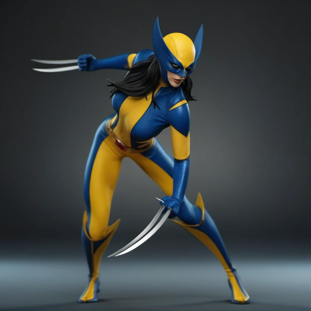 cinematic photo a full body woman with a mask and a blue and yellow bodysuit and claws, action poses <lora:X-23-1024:0.8> . 35mm photograph, film, bokeh, professional, 4k, highly detailed