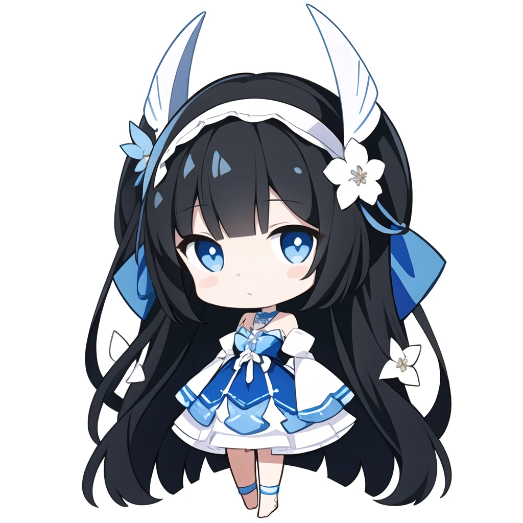 <lora:Ertouqchibi_20240428100010-000017:0.5>,Ertouqchibi,1girl,solo,black hair,blue eyes,long hair,chibi,very long hair,barefoot,white background,hairband,bangs,dress,long sleeves,sleeves past wrists,full body,white flower,closed mouth,sleeves past fingers,flower,white dress,frills,wide sleeves,blush stickers,bow,hair ornament,looking at viewer,blue bow,blue hairband,hair flower,hair bow,hand up,anklet,blue dress,white hairband,standing,