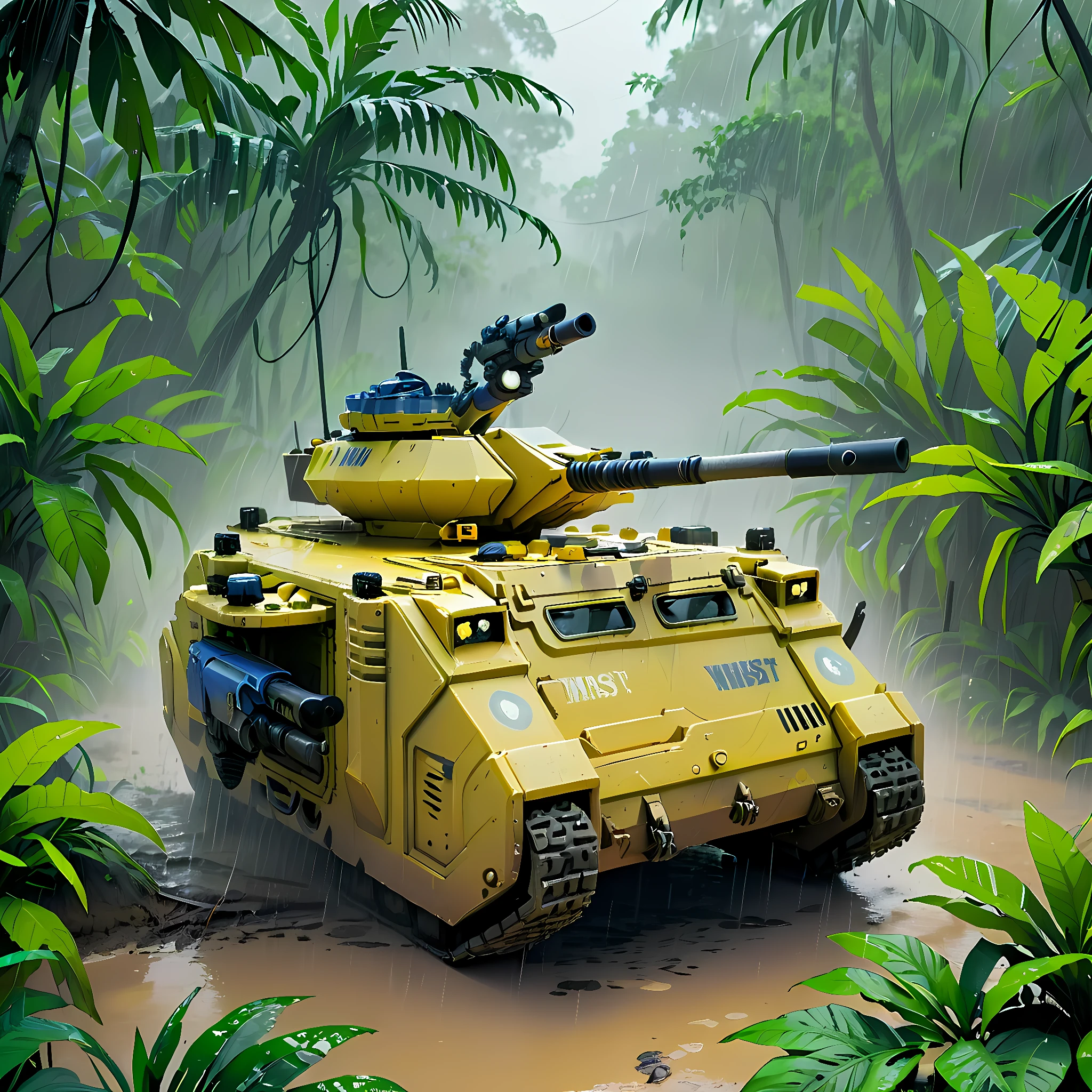 a yellow tank in a jungle, predtank, military vehicle, ground vehicle, mist, rain,