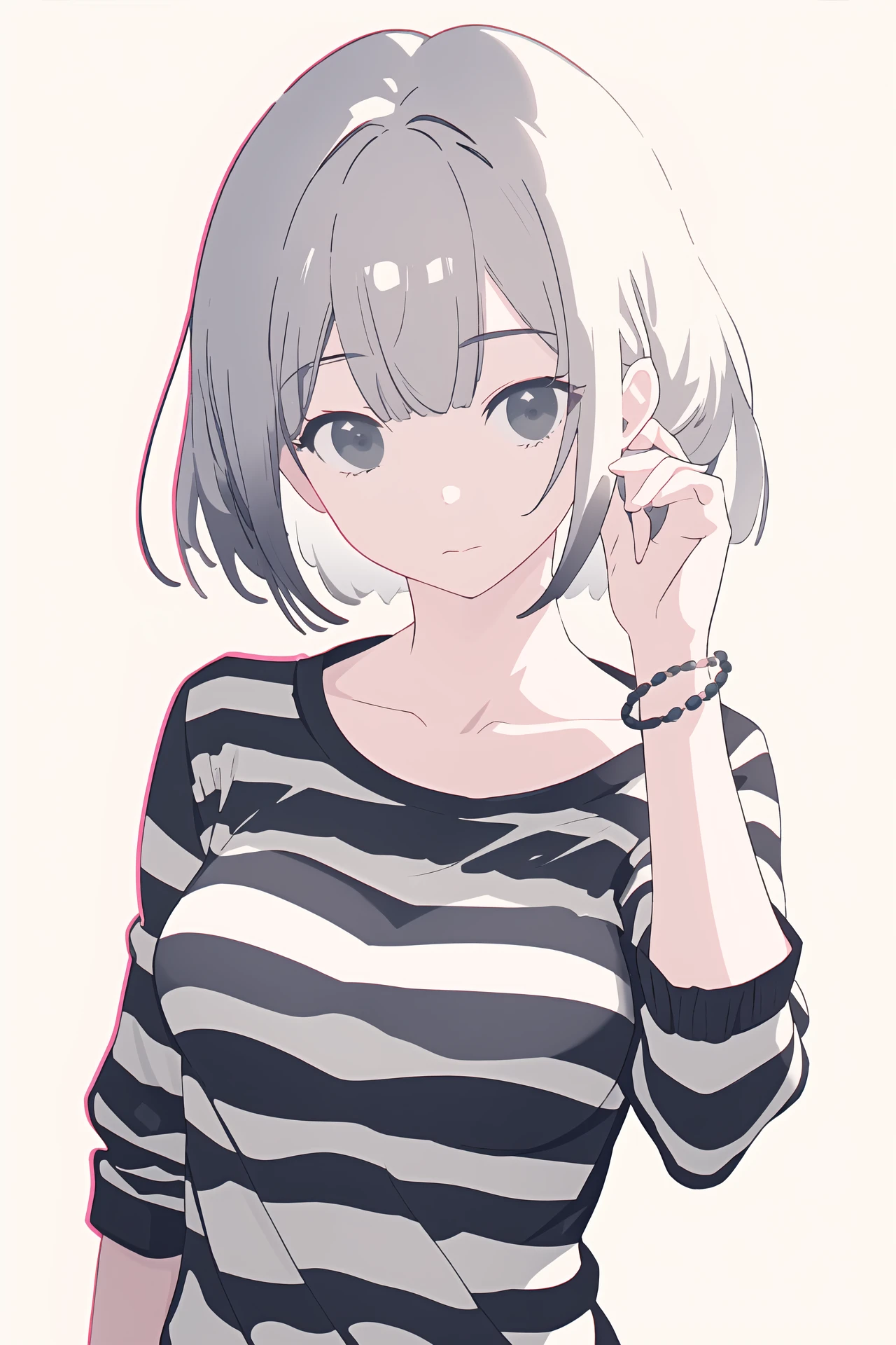 (masterpiece,best quality,absurdres),1girl,solo,grey hair,bracelet,striped_shirt,chromatic aberration,dynamic_angle,looking at viewer,simple background,<lora:multicolor lineart_b:0.5>,