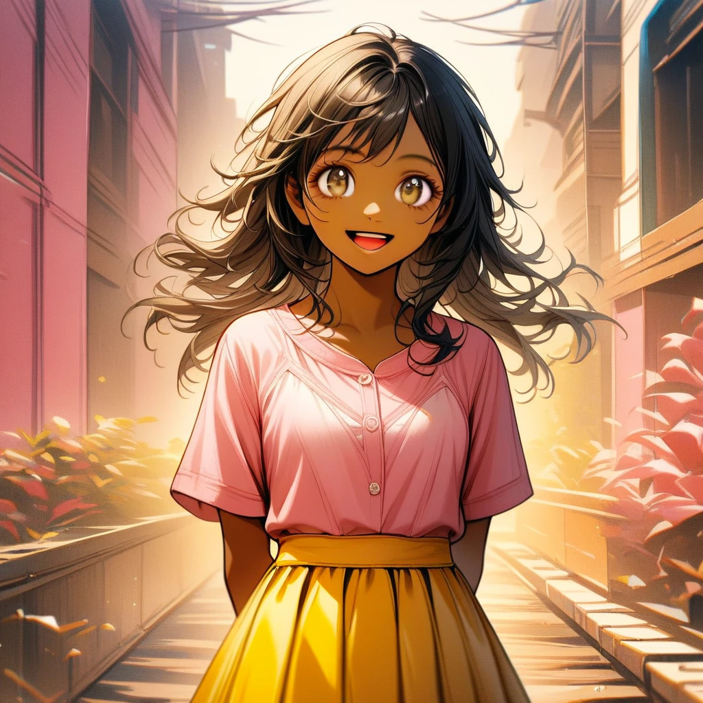 1girl, solo, dark skin, smile, open mouth, hands behind back, black hair, brown eyes, rating_safe, pink shirt, yellow skirt