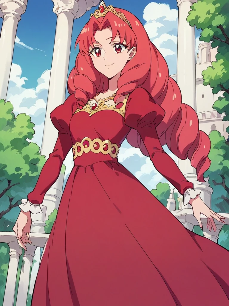 score_9, score_8_up, score_7_up, 1girl, Akagi Towa, red hair, red eyes, long hair, parted bangs, drill hair, 

smile, red dress, puffy sleeves, long sleeves, long dress, tiara, princess, palace garden,
