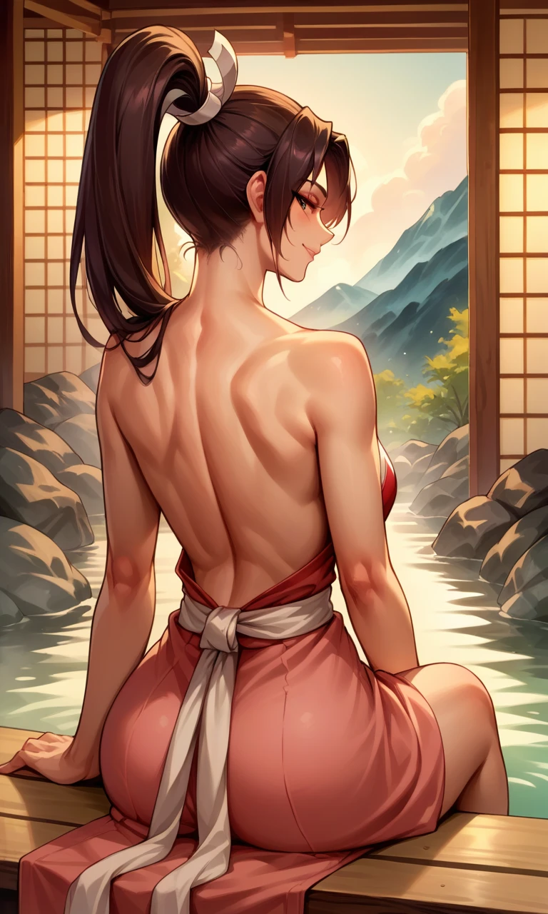 score_9, score_8_up, score_7_up, score_6_up, source_anime, BREAK masterpiece PonyShiranui, high ponytail, pink kimono, back view, bare back, partially undressed, onsen, sitting, seductive smile, 1 girl, extra detail, intricate detail