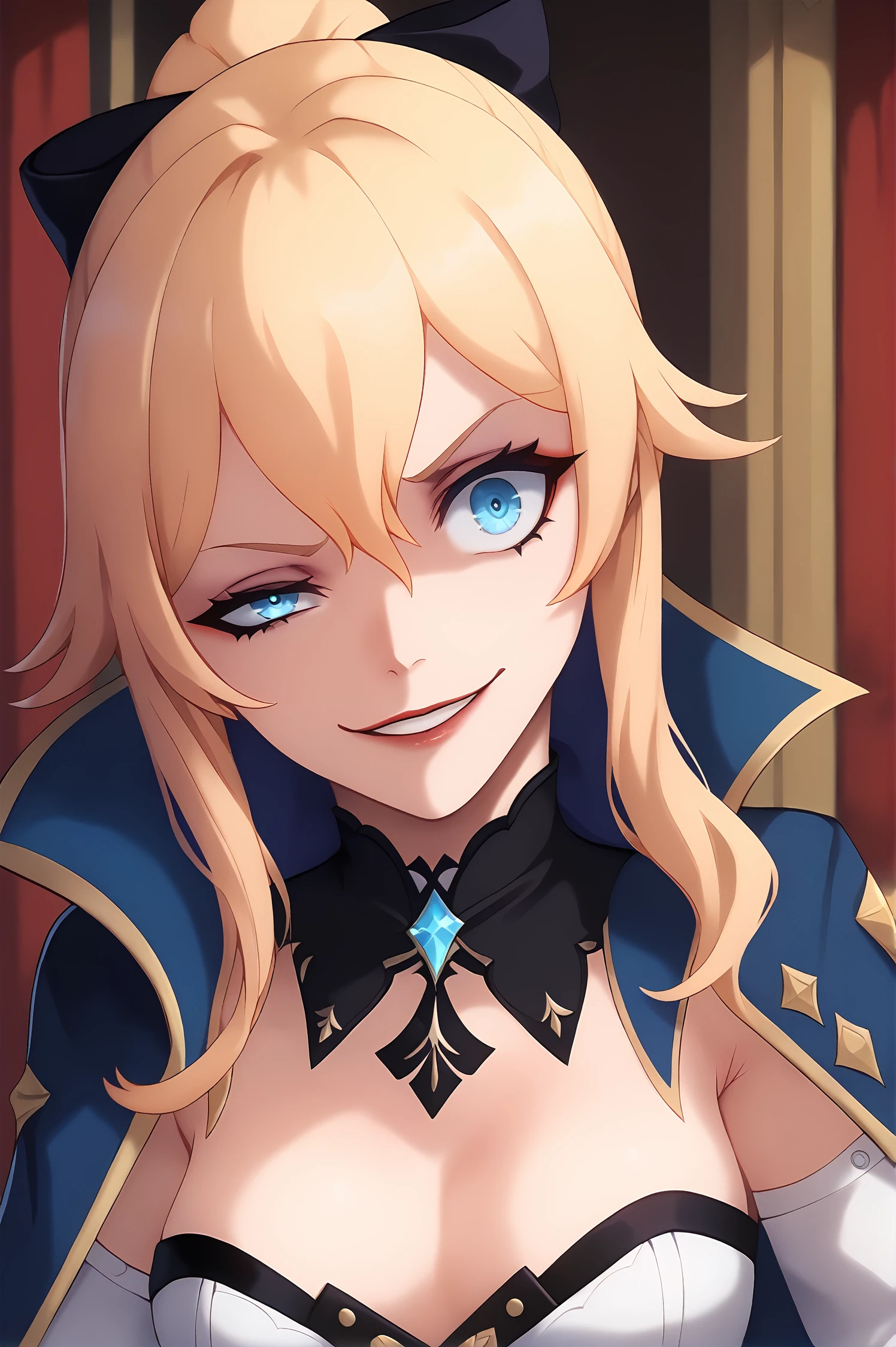 score_9,
<lora:uneven_eyes_v1_pruned>, uneven eyes,
evil grin, 1girl,
parted lips, light smile,
head tilt,
jean \(genshin impact\),
high resolution, Masterpiece