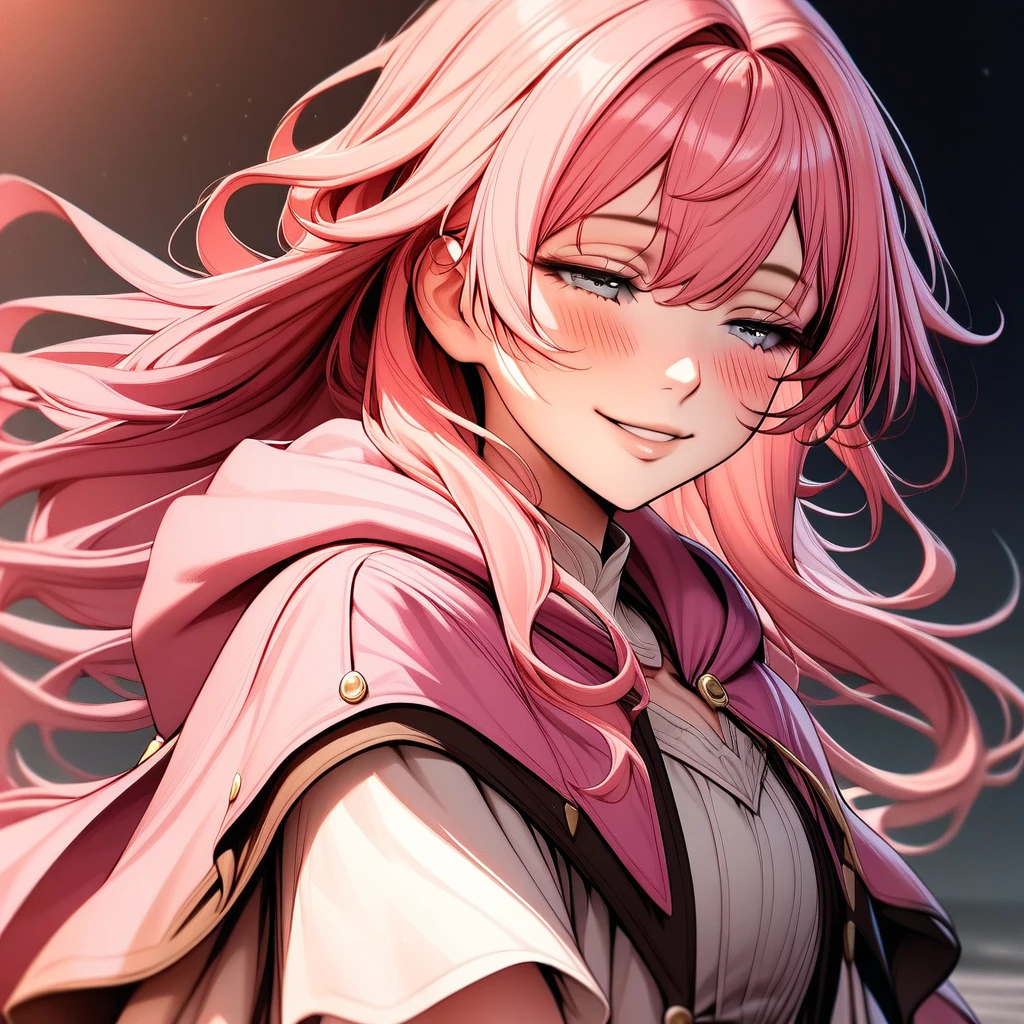 1girl, solo, smile, parted lips, half-closed eyes, blush, rating_safe, dress, cape, hooded cape, hood down, long hair, pink hair