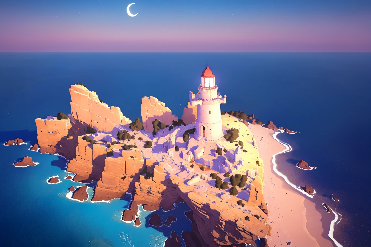 masterpiece, ultra-detailed, best quality, illustration, 8k cg wallpaper, an extremely delicate and beautiful, stunning landscape, beach, lighthouse, moon, stars, clouds, intricately detailed items in background, <lora:Rime:1>