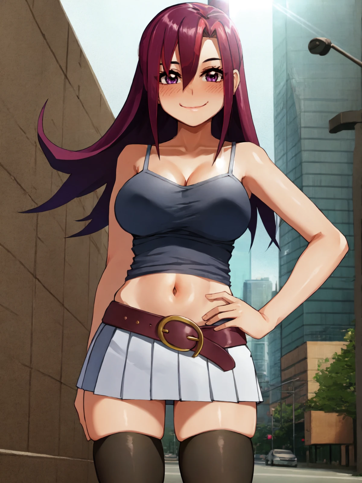 SLE, mksks style, detailed background absurdres, highres, <lora:Igarashi Kyouhei:1>, solo, 1girl, <lora:Akari Tsukumo (Yu-Gi-Oh ZEXAL):1>, akari_tsukumo, hair down, cropped shirt, tank top, spaghetti strap, cleavage, navel, miniskirt, pleated skirt, belt, thick thighs, thighhighs, skindentation, standing, looking at viewer, facing viewer, seductive smile, blush, hand on own hip, city, outdoors, sunlight