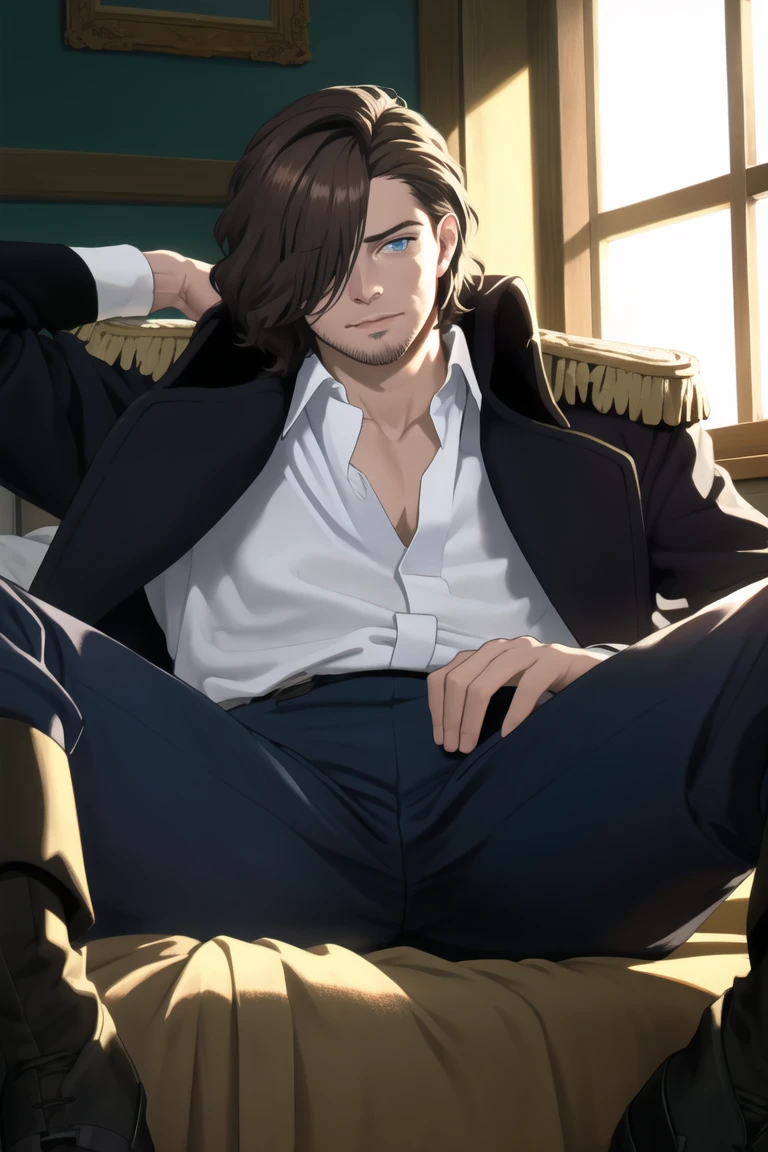 (human:1.2), highres, masterpiece, high quality, (high resolution:1.2), 1guy, solo, (Graf Granatbrown hair, brown hair, hair parted to one side, facial hair, stubble, blue eyes, sanpaku, hair over one eye), white collared shirt, exposed shirt, black pants, matching boots. dark blue coat, open coat, (coat over shoulders), gold epaulettes, muscular, sitting on bed, legs up, spread eagle position, lying back, body, (day, palace), looking at viewer, innocent face, depth of field, bokeh, detailed, highly detailed, sharp focus, intricate, smooth, elegant, fantasy, cinematic lighting, cinematic, masterpiece, matte, photorealistic, 4k, beautiful, volumetric lighting, dramatic, Gayspreadeagle,Granat<lora:EMS-253940-EMS:0.400000>, <lora:EMS-359704-EMS:0.800000>