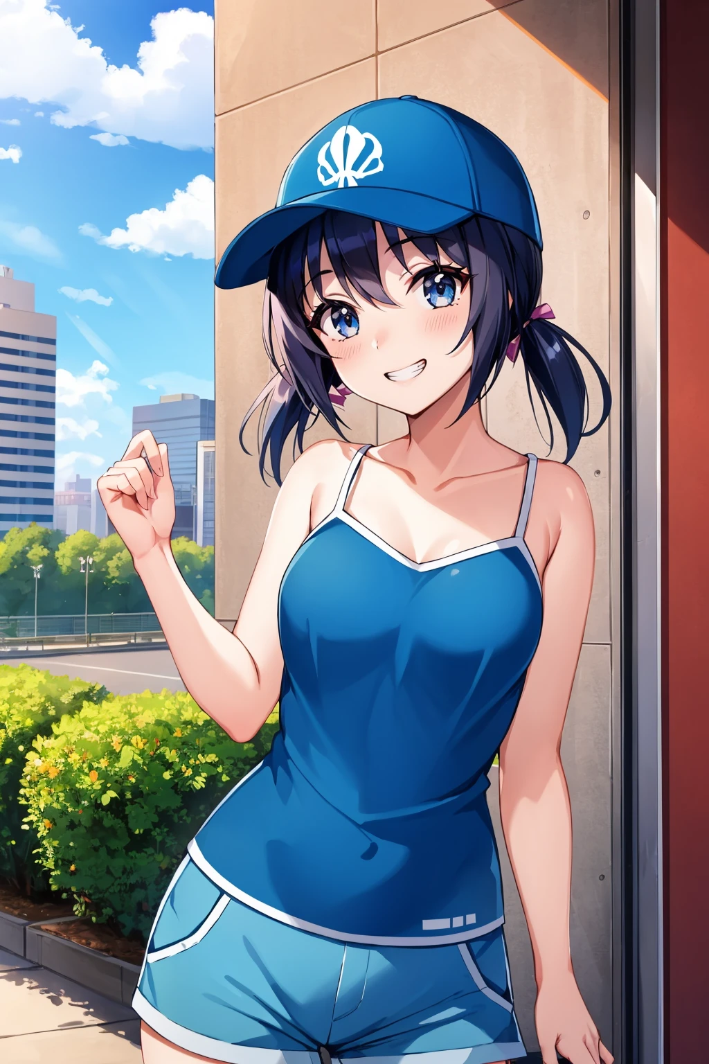 masterpiece, best quality, 1girl, <lora:funabori-nvwls-v1-000009:0.9> funabori, short twintails, cyan camisole, cargo shorts, looking at viewer, grin, baseball cap, blue sky, city