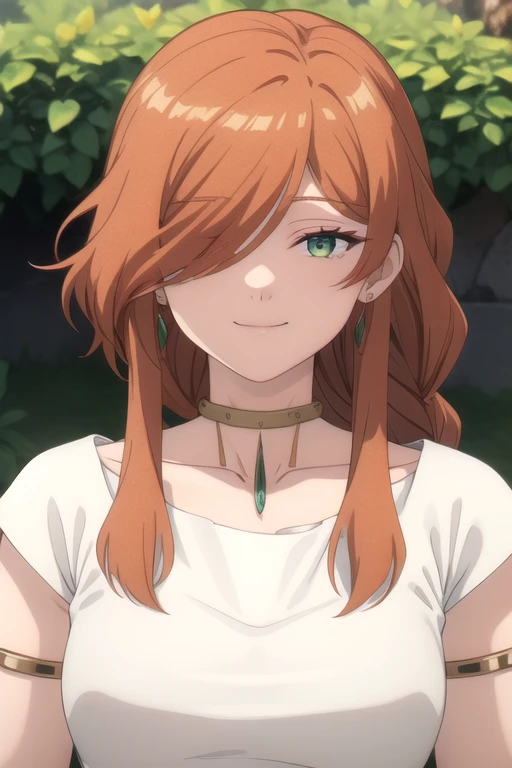 ((masterpiece)),(best quality),official art,extremely delicate and beautiful,extremely detailed CG,unity 8k wallpaper,ultra detailed,beautiful detailed eyes,extremely detailed face,outdoors,1girl,solo,upper body,(portrait:1.5),looking at viewer,facing viewer,smile,very long hair,orange hair,braided ponytail,single braid,hair over one eye,sidelocks,bangs,green eyes,earrings,jewelry,collarbone,choker,necklace,white dress,short sleeves,armlet,medium breasts,black footwear,<lora:Flamme(snf)>,