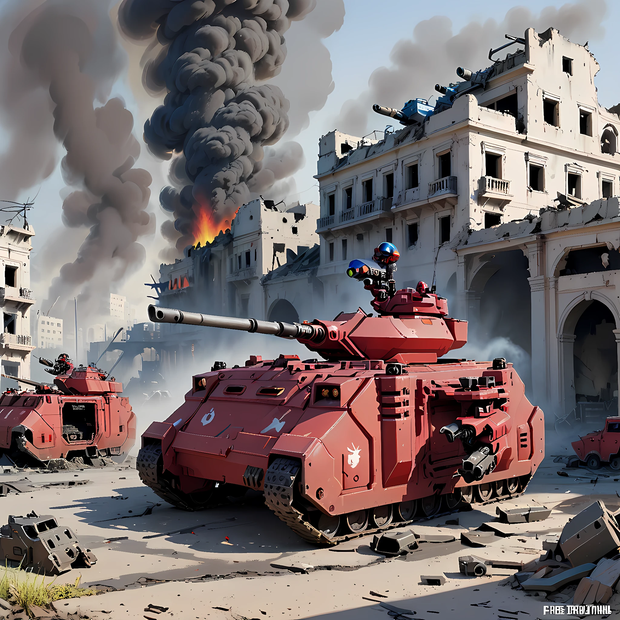 a red tank in a ruined city, predtank, military vehicle, ground vehicle, fire, smoke,