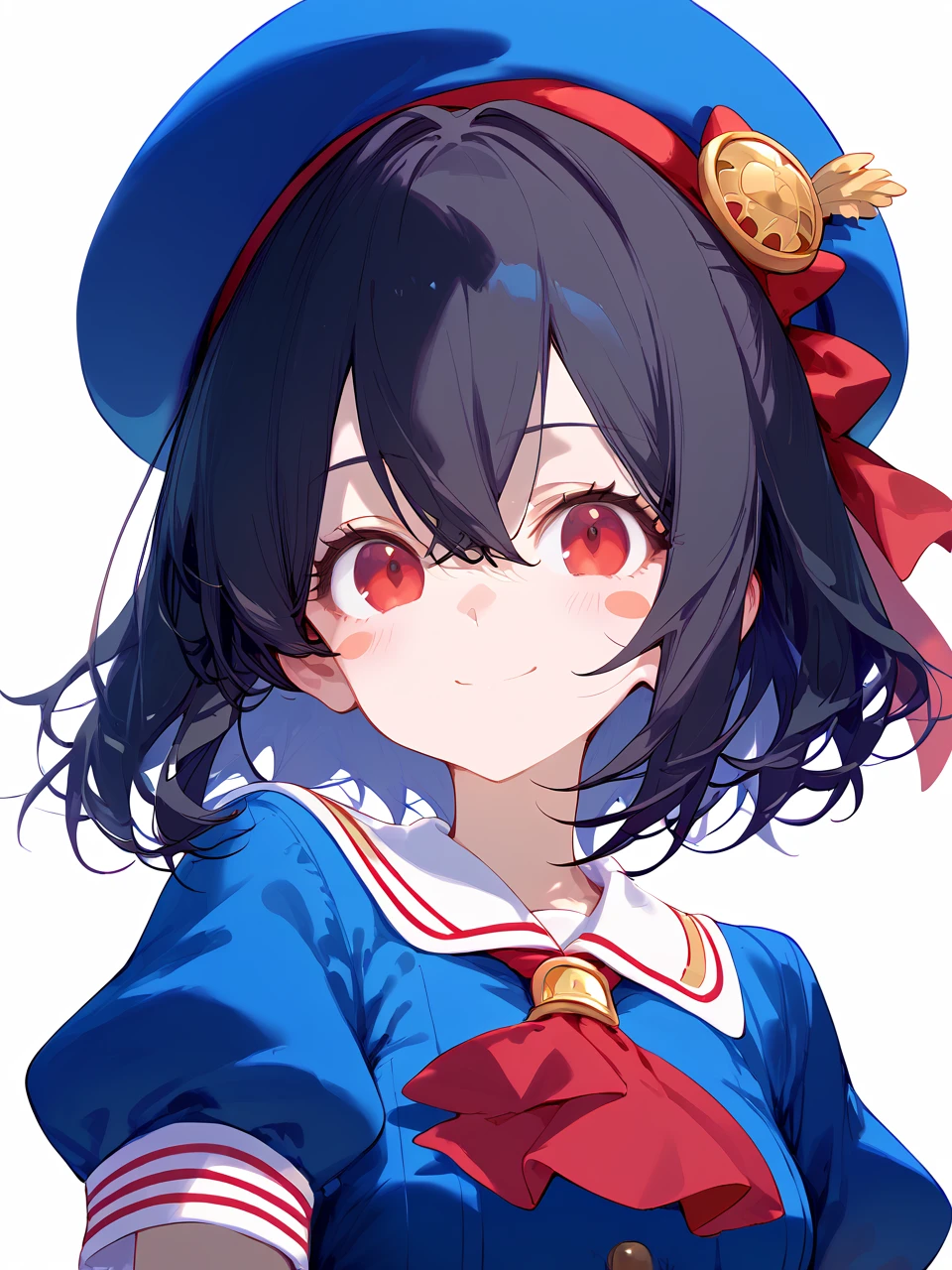 1girl, 
score_9, score_8_up, score_7_up, short sleeves, short hair, puffy sleeves, red eyes, simple background, beret, hat, ascot, smile, upper body, black hair, red ascot, solo, hair between eyes, white background, blush stickers, blue headwear, looking at viewer, puffy short sleeves, blue sleeves, closed mouth