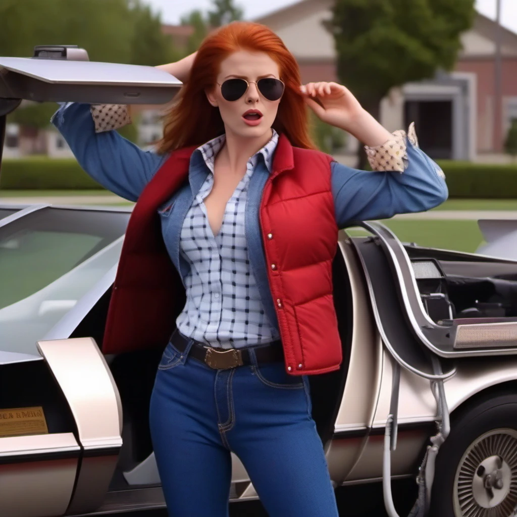 cinematic photo a surprised very busty redhead woman wears a buttondown jean shirt, cleavage, sunglasses, jeans pants, red vest, look at her watch, car, back to the future <lora:McFly1024:0.8> . 35mm photograph, film, bokeh, professional, 4k, highly detailed