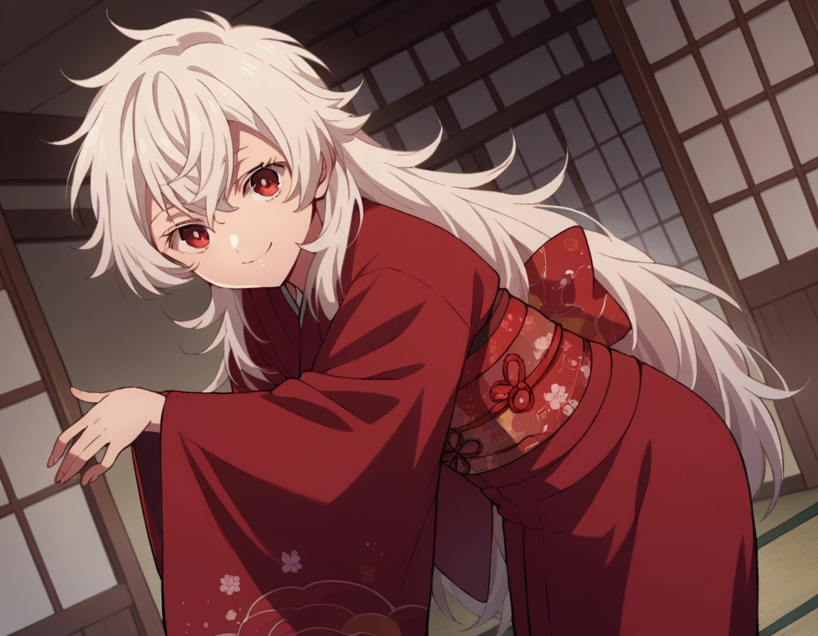 score_9, score_8_up, score_7_up, source_anime,
summertimehaine,  <lora:summertime-haine-s1-ponyxl-lora-nochekaiser:1>,
haine, long hair, bangs, red eyes, white hair,
japanese clothes, kimono, red kimono,
indoors, smile, bent over,
looking at viewer, dutch angle, cowboy shot, solo,