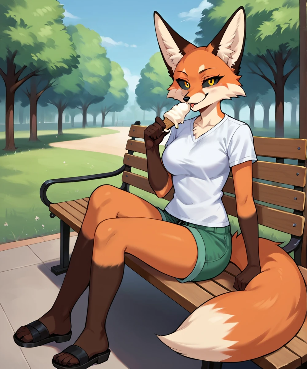 score_9, score_8_up, score_7_up, score_6_up, score_5_up, score_4_up, source_anime, furry, fox, detailed background, in park, lighting, (full view:1.1), sitting on bench
BREAK 1 girl, solo,  orange fur, cowboy shot, black sclera, orange eyes, eating ice cream, smirk, view from up, looking at viewer, smug,  ,  fox tail, breast,  
BREAK (casual clothing:1.1), (white shirt:1.1), (green shorts:1.1), (sandals:1.1), 
  <lora:Alice_SDXL-000009:1>