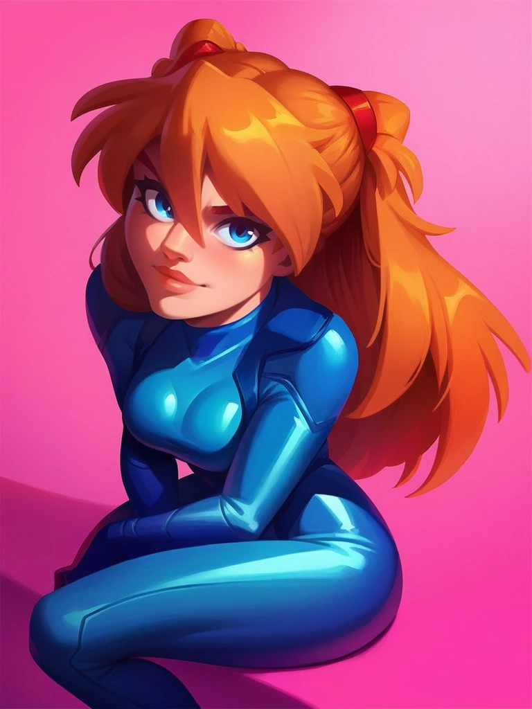 score_9, score_8_up, score_7_up, score_6_up, in clsh artstyle, digital painting, 1girl, plug suit, asuka langley, blue eyes, arm support, breasts, looking at viewer, pink background, sitting, solo, <lora:Clash_Supercell_Style_LoRA-000007:1>