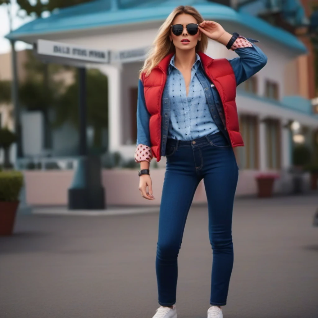 cinematic photo a suprised woman wears a buttondown jean shirt, sunglasses, jeans pants, red vest, look at her watch, back to the future <lora:McFly1024:0.8> . 35mm photograph, film, bokeh, professional, 4k, highly detailed