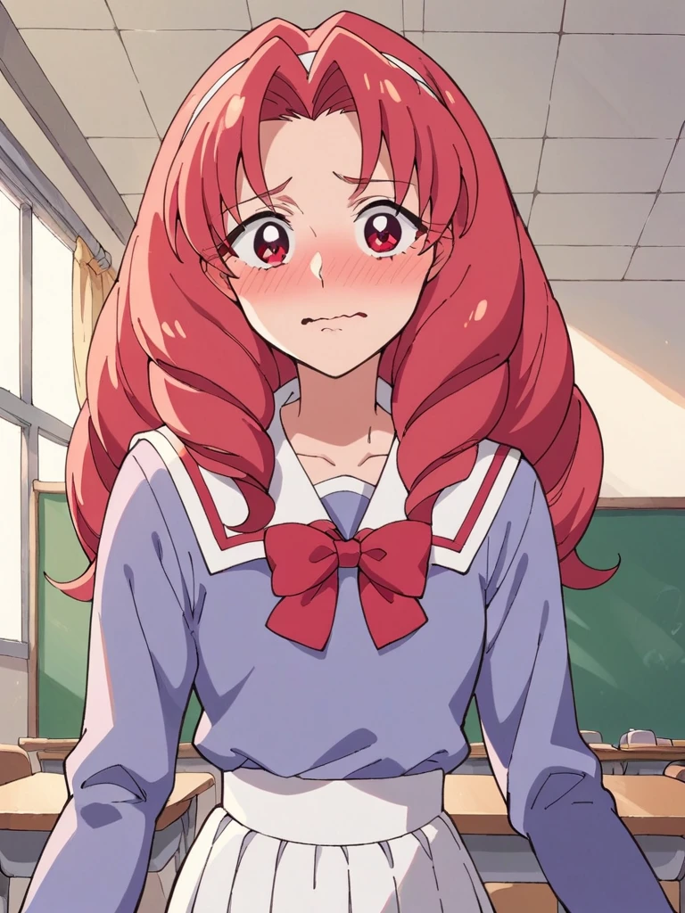 score_9, score_8_up, score_7_up, 1girl, Akagi Towa, red hair, red eyes, long hair, parted bangs, drill hair, 

looking at viewer, nose blush, wavy mouth, wide-eyed, school uniform, purple shirt, long sleeves, white skirt, white sailor collar, red bowtie, classroom,