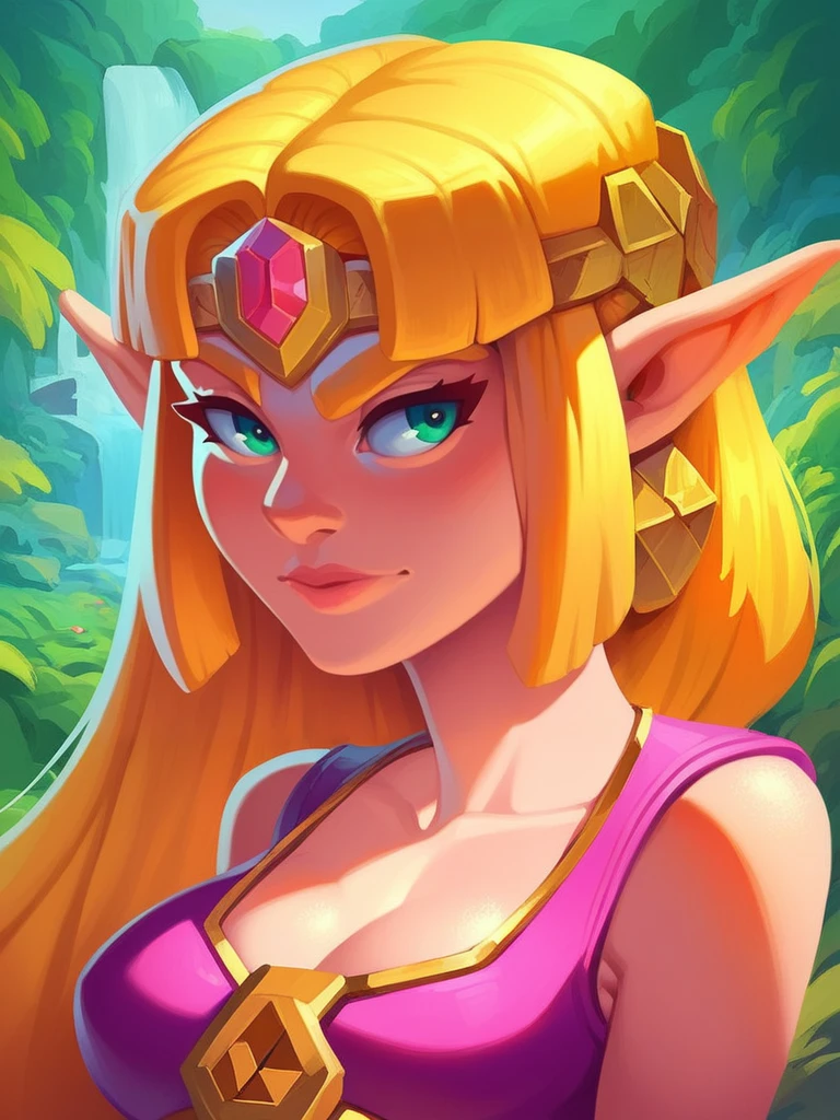 score_9, score_8_up, score_7_up, score_6_up, in clsh artstyle, digital painting, 1girl, Princess Zelda, triforce, Hyrule, upper body, outdoors, forest background, <lora:Clash_Supercell_Style_LoRA-000007:1>