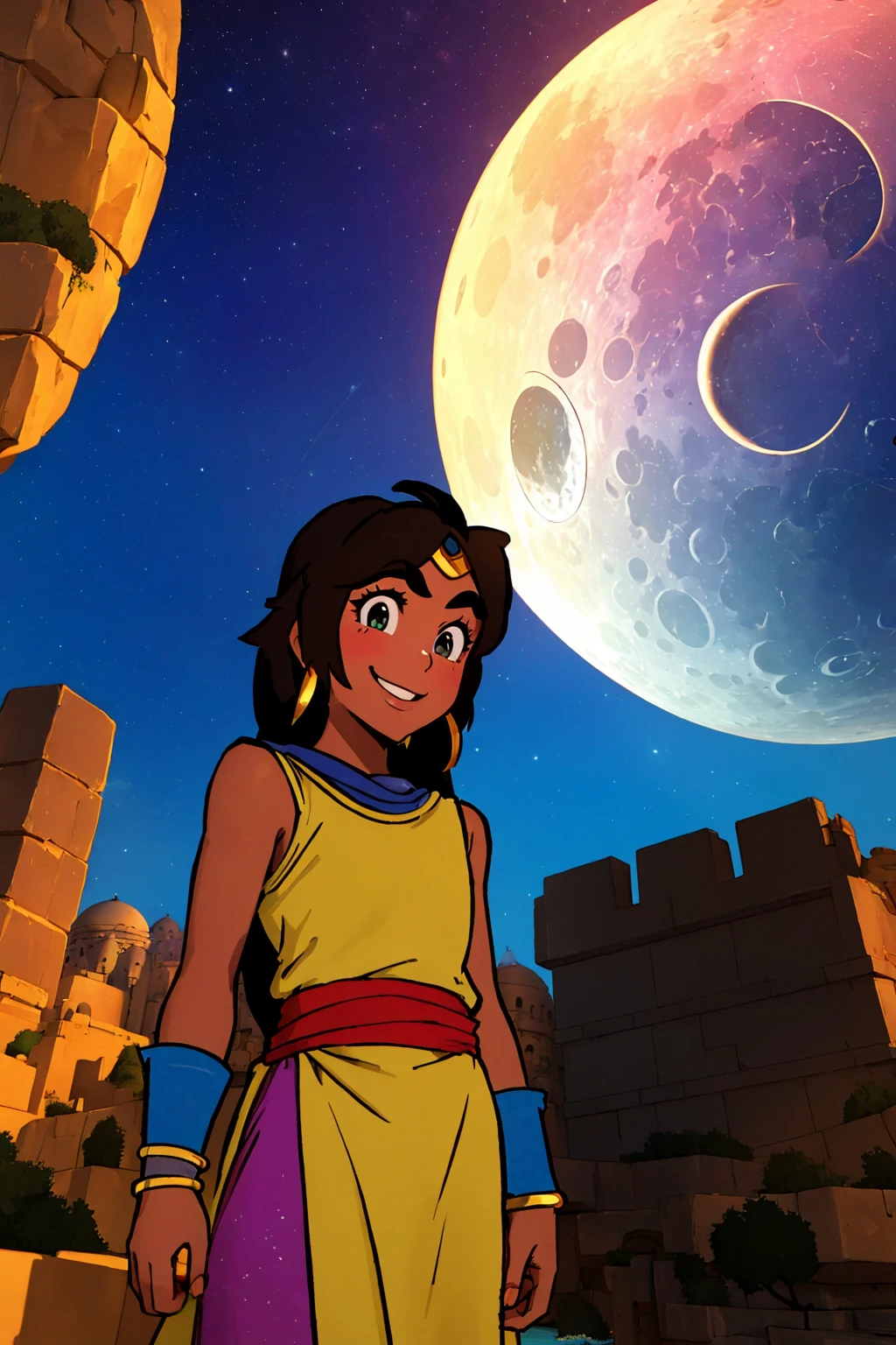 masterpiece, ultra-detailed, best quality, illustration, 8k cg wallpaper, an extremely delicate and beautiful, 1girl, Princess Jasmine /(Aladdin/), solo, perfect anatomy, smiling, blushing, dark skin, perfect arms, perfect legs, cute, pretty, beautiful, sexy, perfect body, (background: Arabian city, Arabian buildings, night sky, moon, stars, intricately detailed items in background), <lora:Rime:1>