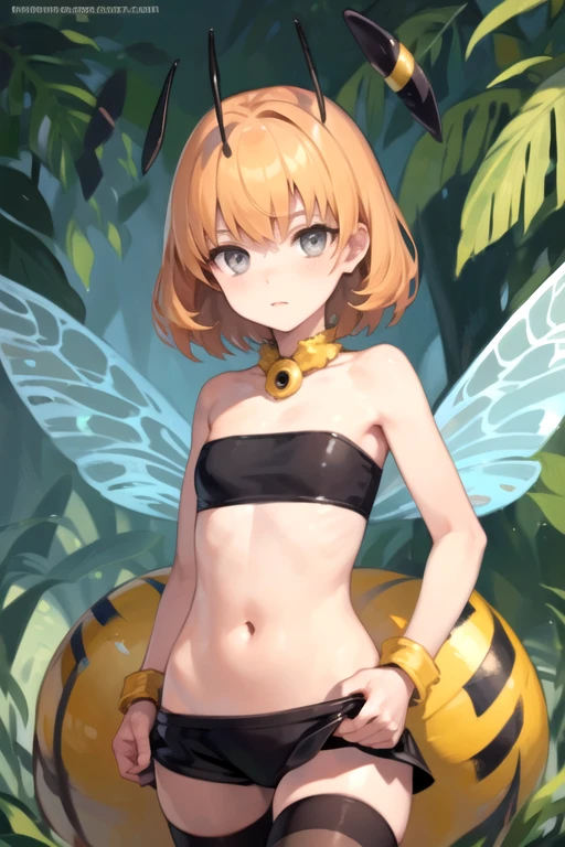 HoneyBeeMGE, 1girl, solo, short hair, striped thighhighs, navel, insect wings, midriff, orange hair, grey eyes, monster girl, antennae, arthropod girl, tube top, strapless, bare shoulders 