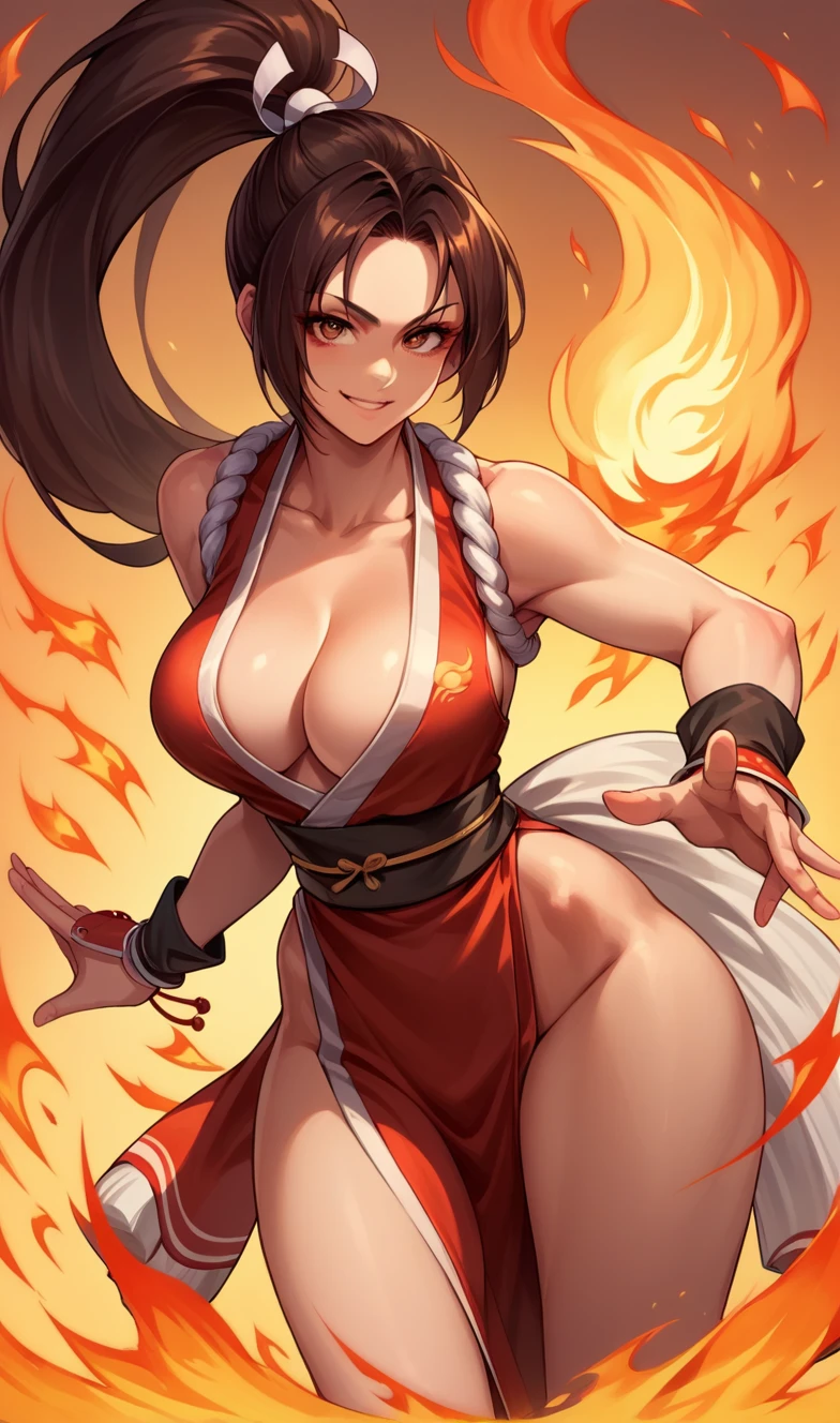 score_9, score_8_up, score_7_up, score_6_up, source_anime, BREAK masterpiece PonyShiranui, revealing clothes, japanese clothes, cleavage, pelvic curtain,  dynamic pose, simple background, fire, large breasts, extra detail, intricate detail, smile, looking at viewer, 