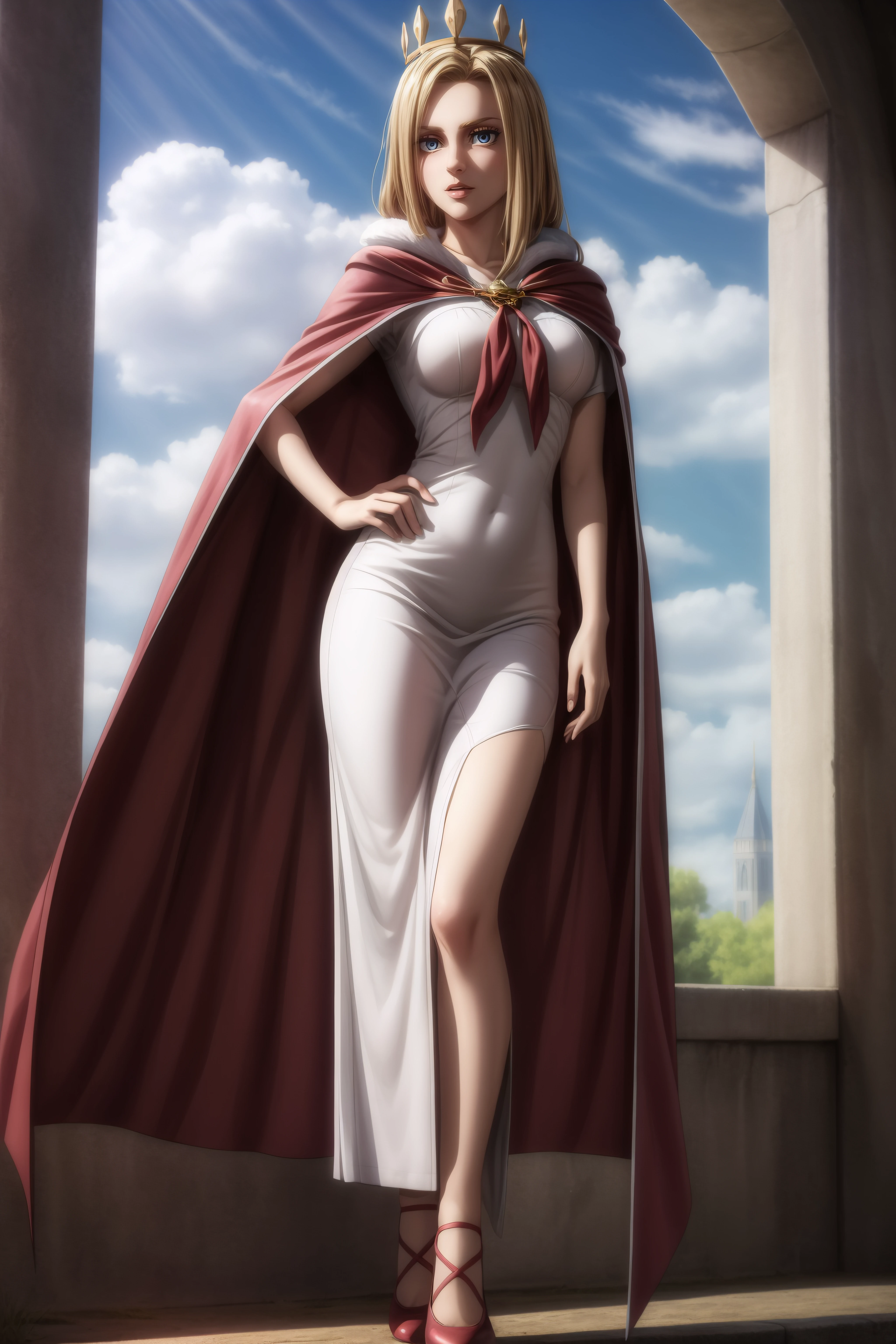 (masterpiece, best quality), <lora:historia reiss-lora-Faxtron:0.8> historia reiss, long hair, medium breasts, white dress, red cape, fur trim, crown, shoes,
<lora:add_detail:0.8>