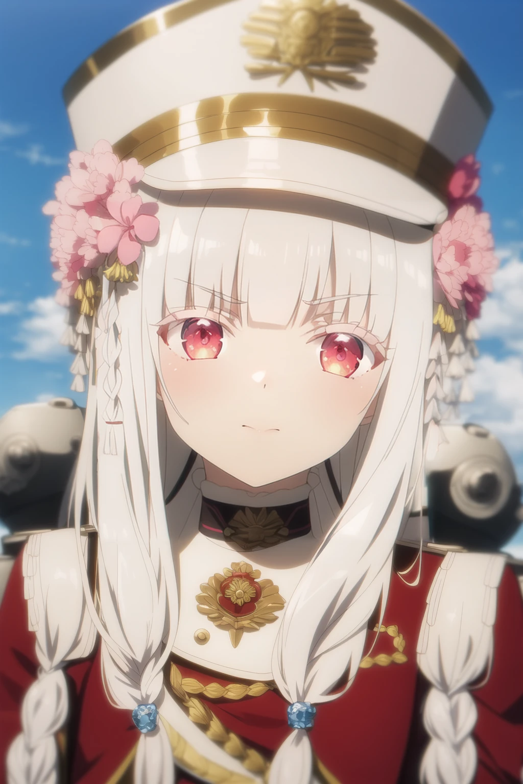 masterpiece, best quality, 1girl, solo, Very long hair, looking at viewer, blush, bangs, hair ornament, red eyes, hat, closed mouth, upper body, braid, flower, white hair, sidelocks, outdoors, choker, Wavy hair, armor, v-shaped eyebrows, white headwear, parody, portrait, peaked cap, military hat, colored eyelashes, photo background