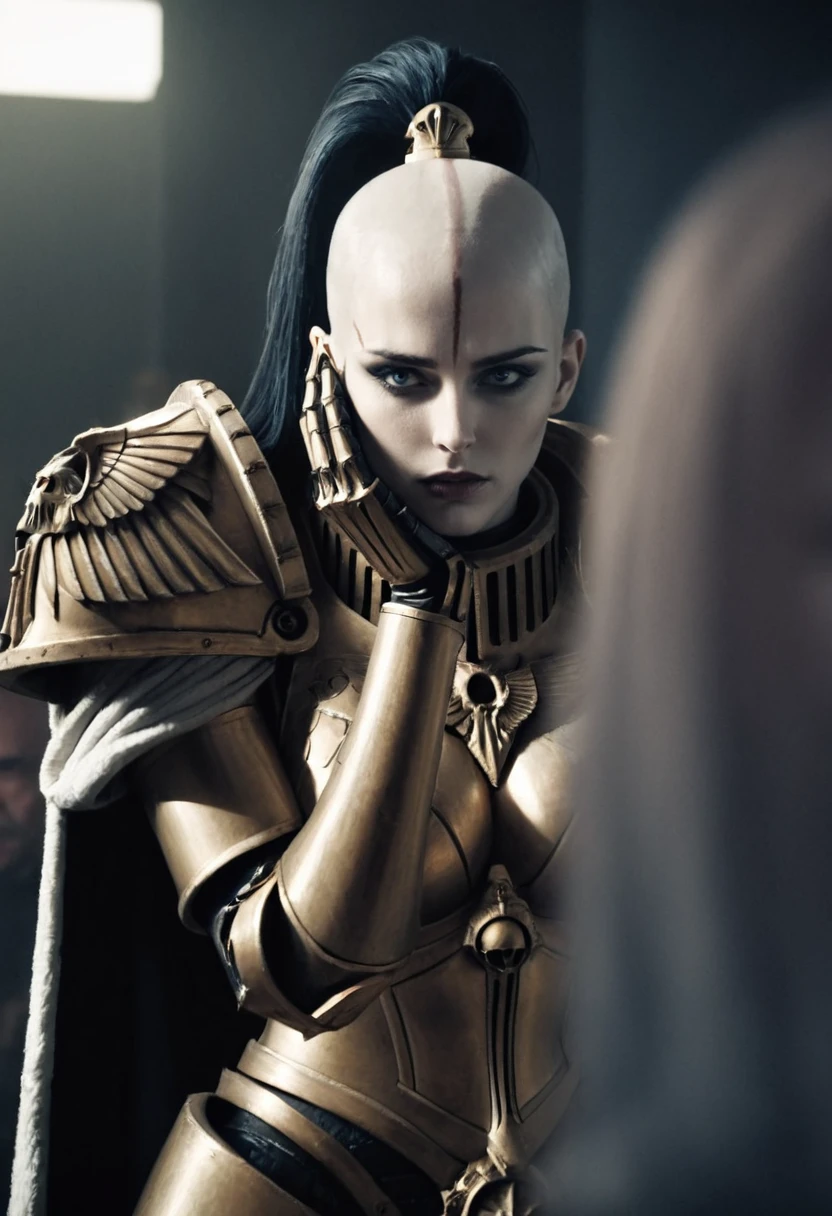 Cinematic Film Still, Warhammer 40K live action adaptation, dynamic angle, solo, dramatic lighting, Sister of Silence wearing ornate golden power armor, bald with long black ponytail hair, pale skin, scar on face, blue eyes, looking at herself in a mirror, hand on own face, neutral expression, extremely detailed, emotional scene, reflection, 
indoors, ISO 1000, film grain, shallow depth of field, sharp focus, grainy, still frame, from behind
<lora:Sisters-of-Silence-000008:1>