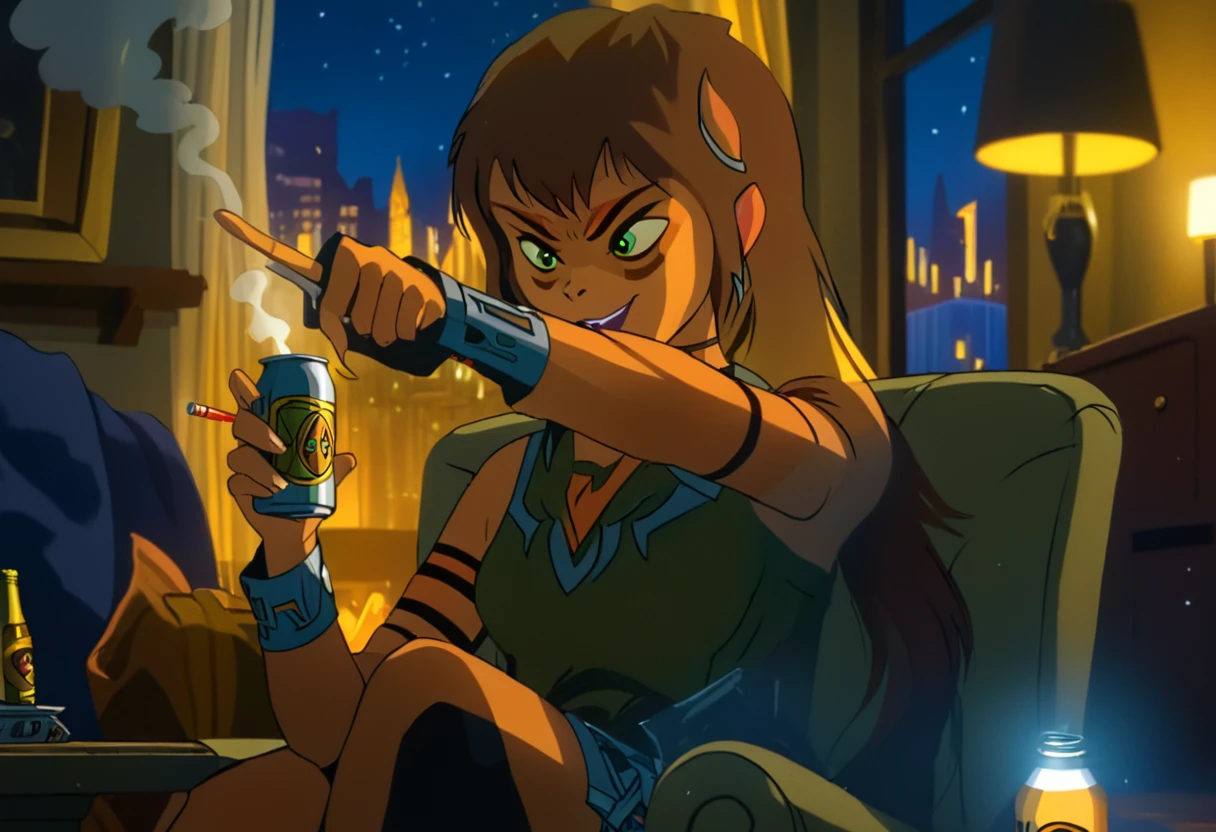 (best quality, masterpiece, absurdres, highres, ultra_detailed, dynamic angle:1.2), kasha \(mysticons\) <lora:mysticons_kasha_xl:1>, 1girl, sit on a couch watching television, crossed legs, pointing at screen with the left hand, holding a beer can and a cigarette, with the right hand, open mouth, shocked, indoor, by night, window with curtain, solo, alone, cartoon, cartoon style, (intricate details, hyperdetailed:1.15), (ultrahigh resolution textures), bokeh, (volumetric, cinematic) lighting