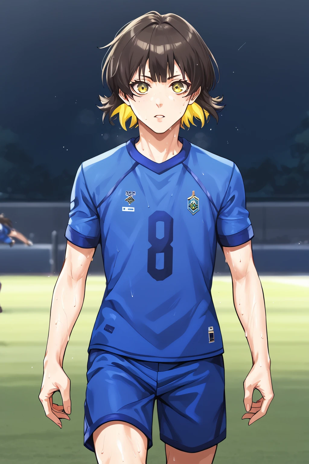 score_9, score_8_up, score_7_up, source_anime, BREAK, 1boy, bishounen, pale skin, cowboy shot, (looking at the viewer:1.2), (three quarter view:1.4), BREAK, two-tone hair, brown hair, blonde hair, yellow eyes, (perfect eyes:1.2), (skinny, toned:1.2), soccer uniform, sweat, detailed eyelashes, broad shouldered, BREAK, outdoors, soccer field, day, running, boy, meguru_bachira<lora:EMS-18850-EMS:0.800000>, <lora:EMS-359523-EMS:0.800000>, <lora:EMS-342536-EMS:1.000000>