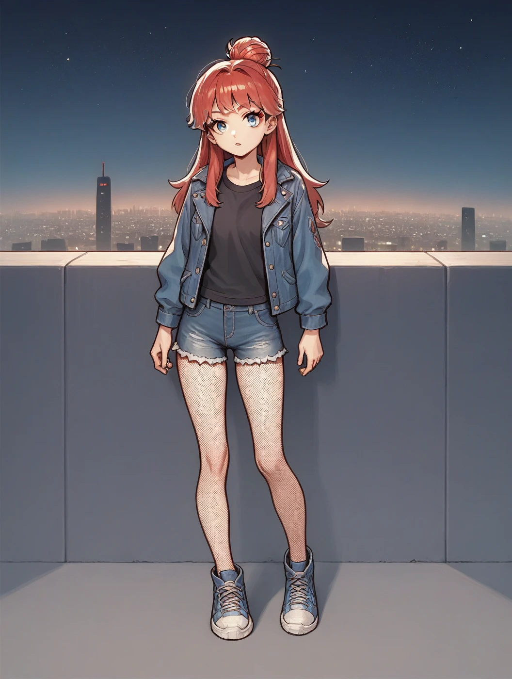 score_9, score_8_up, score_7_up, score_6_up, source_anime,
night, cityscape, flashlight, street, black sky, star \(sky\), 
1girl, solo,
red hair, long hair, single hair bun,
blue eyes, tsurime, long eyelashes, looking at viewer,
closed mouth, parted lips,
denim open jacket, black shirt, short denim skirt, black fishnet pantyhose, sneakers, 
<lora:Mad:1>