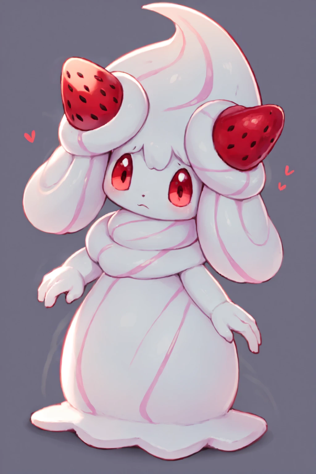 alcremie, pokemon \(creature\), solo, strawberry, red eyes, standing
 <lora:KitsuneAi-Alcremie-LoCon32-V1:1>