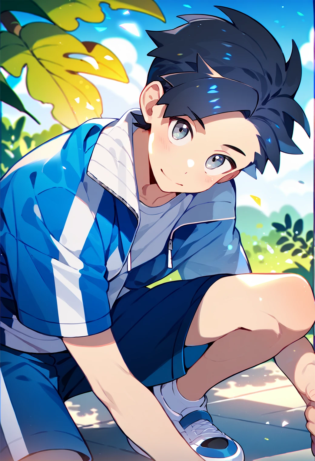 score_9_up, score_8_up, score_7_up, score_6_up, score_9, 1boy, solo, ethan_pk, black hair, grey eyes, blue jacket, white shirt, blue shorts, blue with white sneakers, best quality, amazing quality, best aesthetic, absurdres ,source_anime, source_<lora:EMS-360038-EMS:1.000000>