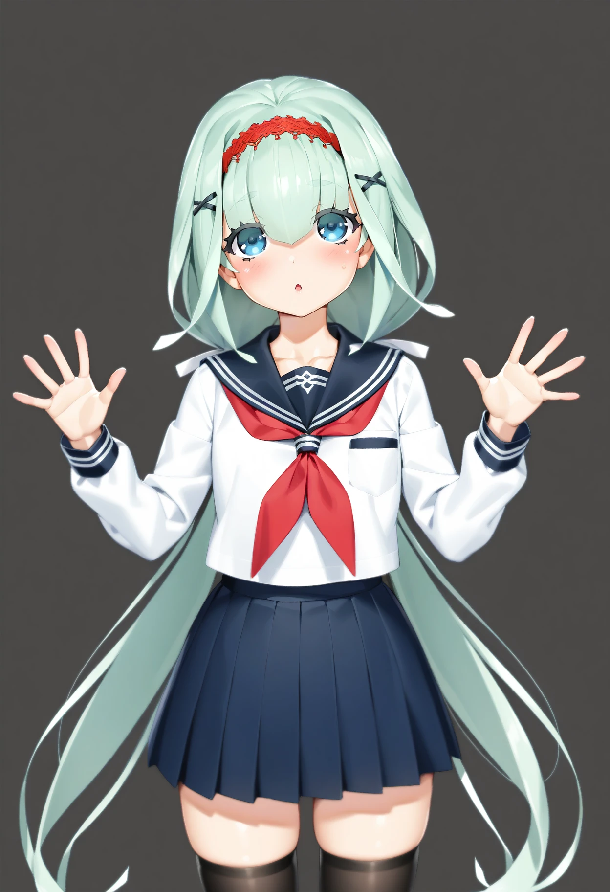 nanayama moyoka, 1girl, solo, skirt, long hair, pleated skirt, school uniform, blue eyes, hair ornament, serafuku, blush, x hair ornament, looking at viewer, sailor collar, hairband, green hair, neckerchief, white shirt, long sleeves, shirt, red neckerchief, white background, very long hair, simple background, red hairband, parted lips, black sailor collar, black skirt, blue skirt, hairclip, pocket, thighhighs, waving hands, hair between eyes, standing, cowboy shot, low twintails, :o, 
masterpiece,best quality