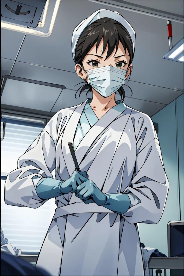 (RAW photo, best quality), (1girl), operating room, overhead surgical light,blurred background, focused,
 <lora:Gloving_UP_V2.0-000006:0.8> gloving_surgeon, surgical mask, long sleeves, looking at viewer, adjusting gloves, bouffant cap, gloves,glove pull,
 <lora:Fubuki Kyouka_GT_V1.0:0.8> fubuki kyouka,