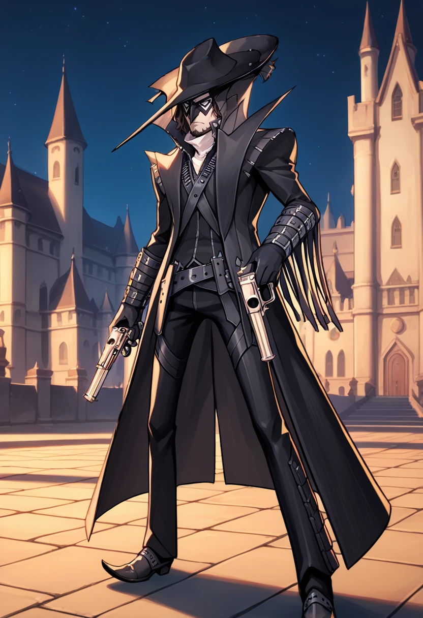 score_9, score_8_up, score_7_up, source_anime, 1boy, solo, cowboy shot, looking at you, frown, holding revolver, <lora:ZenkichiP5S-pdxl:1> ptZenkichi, mask, beard, black hat, black gloves, black coat, high collar, trench coat, fringed sleeves, boots, pointy footwear, outdoors, night, castle