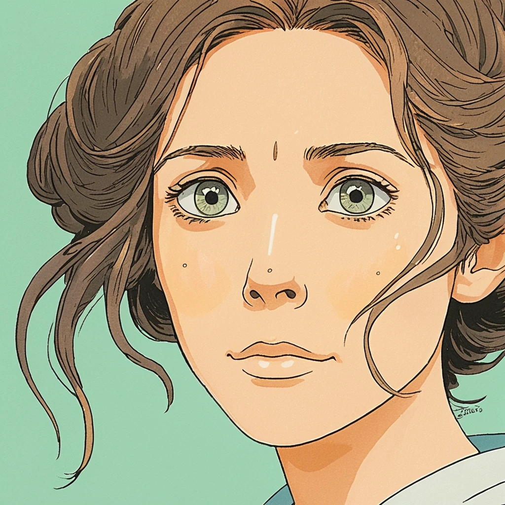 Studio ghibli style illustration of the face of a woman looking at the viewer, elixolsen,  <lora:eliolsen_juggerX_v7_standard_wocap_merger_27_74_98_02_03_05-elixolsen:1.05>