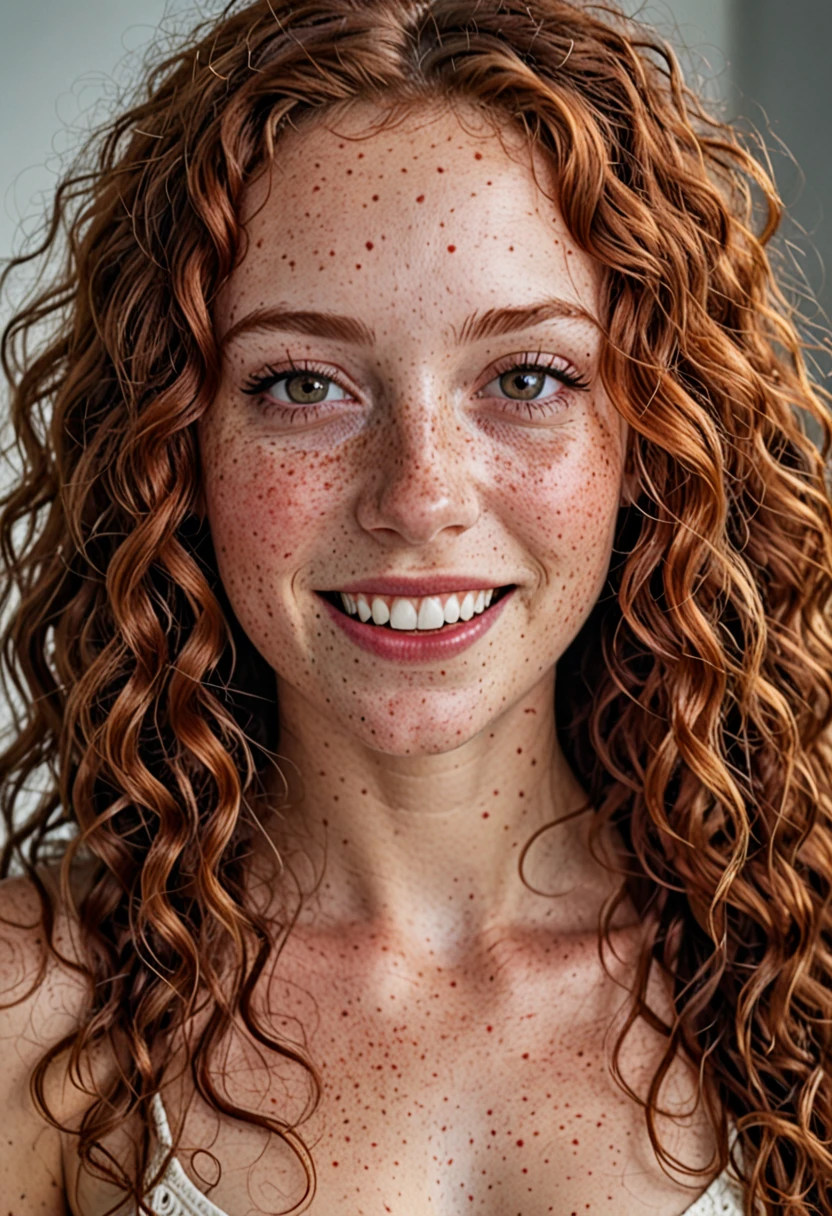beautiful lady, (freckles), big smile, ruby eyes, long curly hair, dark makeup, hyperdetailed photography, soft light, head and shoulders portrait, cover